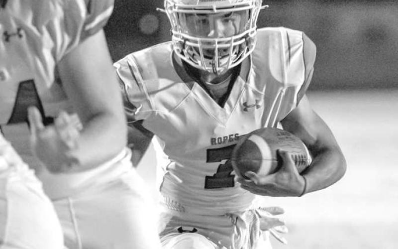 FOLLOW THE BLOCKS - Ropes running back Ben Saldivar followed his blockers to pick up a big gain on the ground against the tough Indian defense. (Photo courtesy of Donovan Martin)