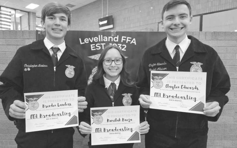 FFA BROADCASTING - Levelland students Kami Baeza, Clayten Edwards and Brenden Lawless all earned certificates this past school year for their achevements. (Photo courtesy of Levelland ISD)