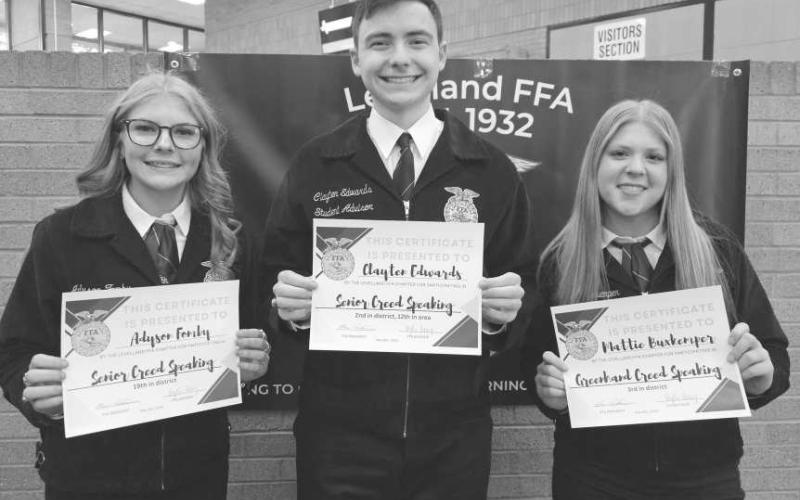 FFA CREED - Levelland students Mattie Buxkemper, Clayten Edwards and Adyson Fomby all earned certificates this past school year for their achievements. (Photo courtesy of Levelland ISD)