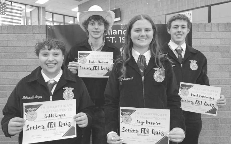 FFA QUIZ - Levelland students Mark Buxkemper, Easton Obenhaus, Sage Barrera and Gabbi Leyva earned certificates for their accolades throughout the year. (Photo courtesy of Levelland ISD)