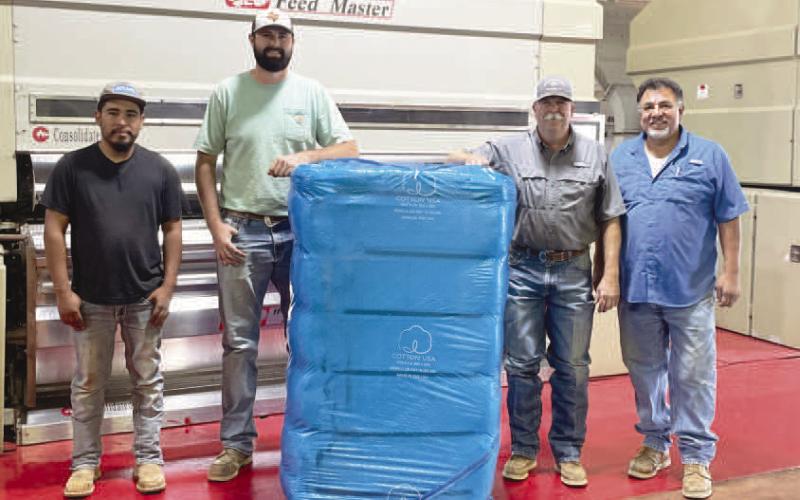 Gins across West Texas are beginning to bale producers cotton harvest for the 2024 season. Busters Gin announced they had the first bale of Hockley County on October 1, courtesy of Producer Kyle Nickelson of Nickelson Farms. Pictured from right to left are: Rey Rivera, Kyle Nickelson, Clint Bray and Hector Flores. (Photo courtesy of Busters Gin.