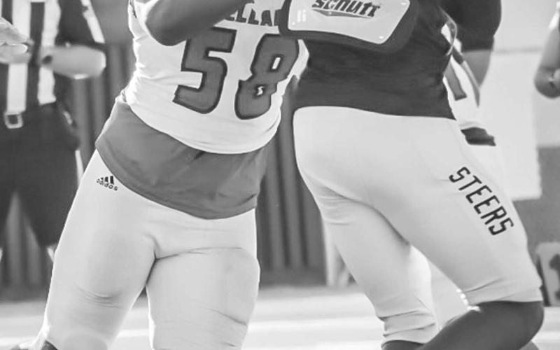 PASS BLOCKING - Levelland Lobo Tanane Brackens blocked the Big Spring defensive end this past Thursday as the away team in their scrimmage. (Staff photo by Aalijah Soliz)