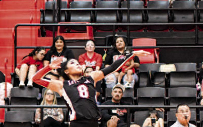 SPIKE IT – Junior Mia Sepulbeda goes up for the spikes during a match at home against Abernathy this past Tuesday. (Staff photo by Jentezen Smith)