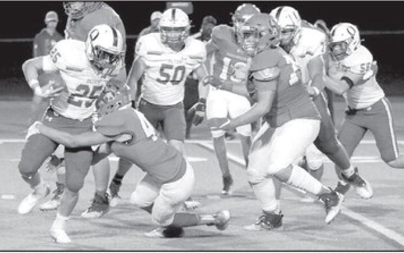 NO YARDS GAINED- Noah Peralez makes a tackle behind the line of scrimmage. Sundown earned their first district win of the season with a 49-32 victory over Olton. The Roughnecks moved to 1-1 in District play and will travel to New Deal Friday, October 21st to face a 2-0 Lions squad. (Photo Courtesy of Chris Bratcher)