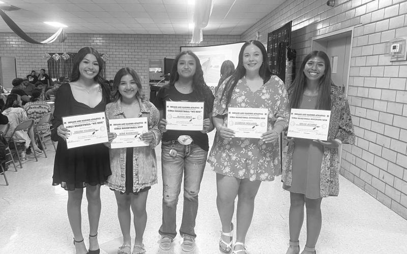 GIRLS BASKETBALL - Morton Maidens Aerie Rodriguez earned MVP, Clarissa Holland earned Offensive MVP, Khloe Aguirre earned Defensive MVP and both Alison Yanez and Malorie Villarreal both earned Fighting Heart Award this past Tuesday at their Sports Banquet. (Photo courtesy of Morton ISD)