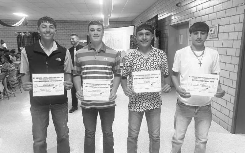 BOYS BASKETBALL - Morton Indians Alex Lopez earned MVP, Cade Lyon earned Offensive MVP, A.J. Mendoza earned Defensive MVP and E.J. Rivas earned Fighting Heart Award this past Tuesday at their Sports Banquet. (Photo courtesy of Morton ISD)