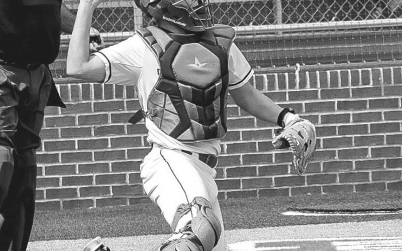 STRIKE - Ropes Eagle Brady Bryan caught the strike from his pitcher during the team’s game last Friday at Plainview against the Clarendon Broncos. (Staff photo by Aalijah Soliz)