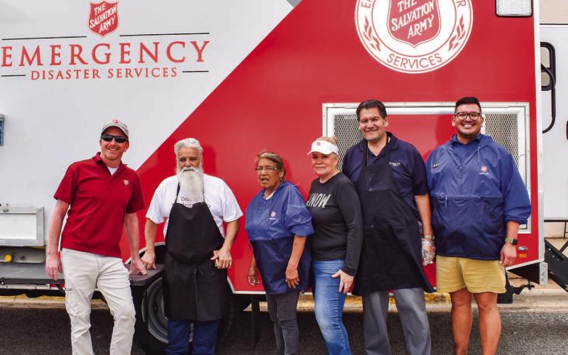 NATIONAL SALVATION ARMY WEEK - In celebration and recognition for National Salvation Army Week, a mobile food truck was held at 502 Avenue H in Levelland which provided free food from 11 a.m. to 1 p.m. Pictured from left to right are: Major David Worthy, Joel Garza, Maria Zamora, Susie Zapata, Jesse Zapata and Special Events Coordinator Albert Zapata. (Staff photo by Emily Campos)