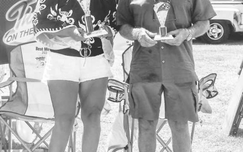 CUSTOM/MODIFIED 74 OLDER- Pictured from left to right are: 2nd place Nicki Ramirez and 3rd place Rudy Thiel. Not pictured is 1st place Saul Davalos for Custom Modified 74 Older Class at the car show on Saturday. (Photo courtesy of Emily Campos)