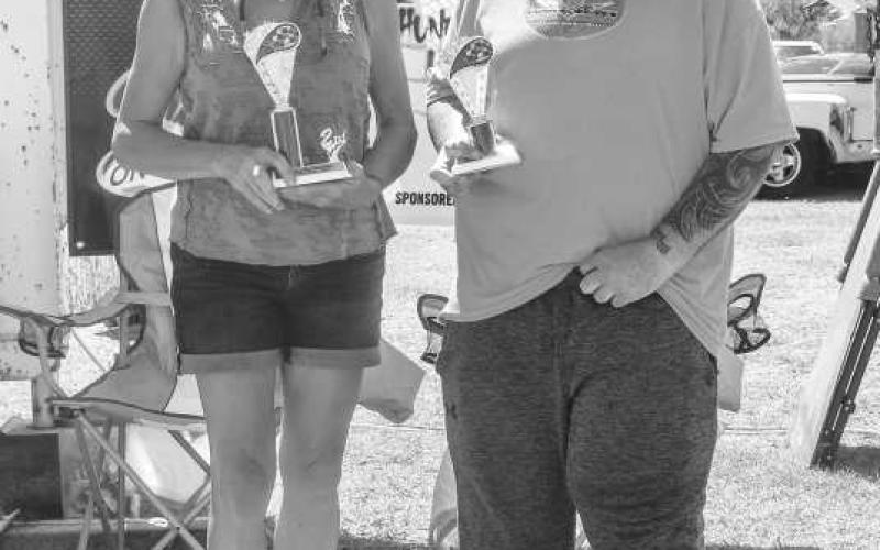 ‘91-UP- Pictured on right is 1st place winner Chad Craddock and 2nd place winner Julie McMathan on the left for the 91-Up Class at the car show on Saturday. (Photo courtesy of Emily Campos)