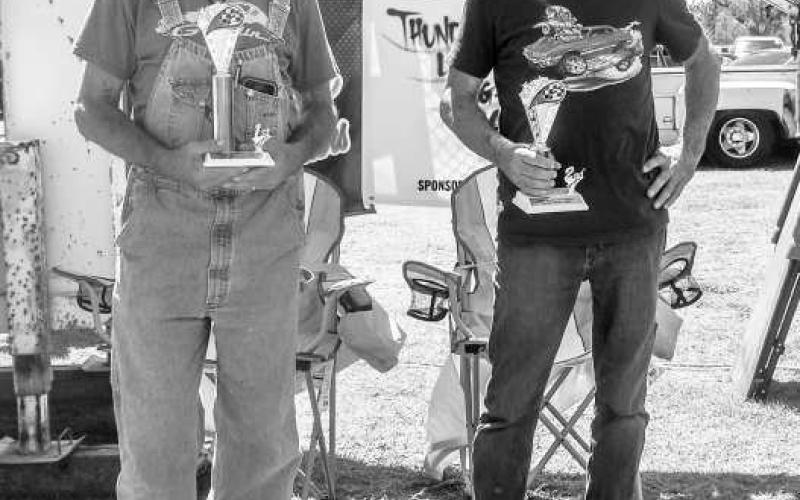 B.O.P. MUSCLE CARS 64-81- Pictured from left to right are: 1st place Steve White and 2nd place John Wolfe for B.O.P. Muscle Cars 64 -81 Class at the car show on Saturday. ( Photo courtesy of Emily Campos)