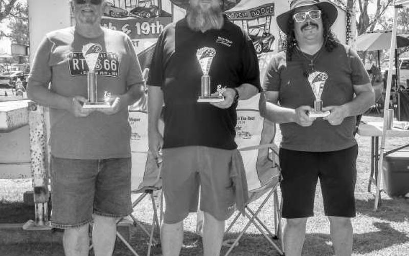 OTHER MUSCLE CARS 64-81- Pictured from left to right are: 1st place Tony Valadez, 2nd place Todd Gregg and 3rd place Shorty Reyna for the class of Other Muscle Cars 64-81 on Saturday. ( Photo courtesy of Emily Campos)
