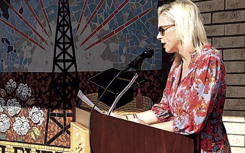 CENTENNIAL MOSAIC - Mayor Breann Buxkemper was joined by city administration, Chamber of Commerce and residents to dedicated the Levelland Centennial Mosaic in celebration of Levelland’s 100th birthday. Buxkemper read a proclamtion in recognition of the event and special year.
