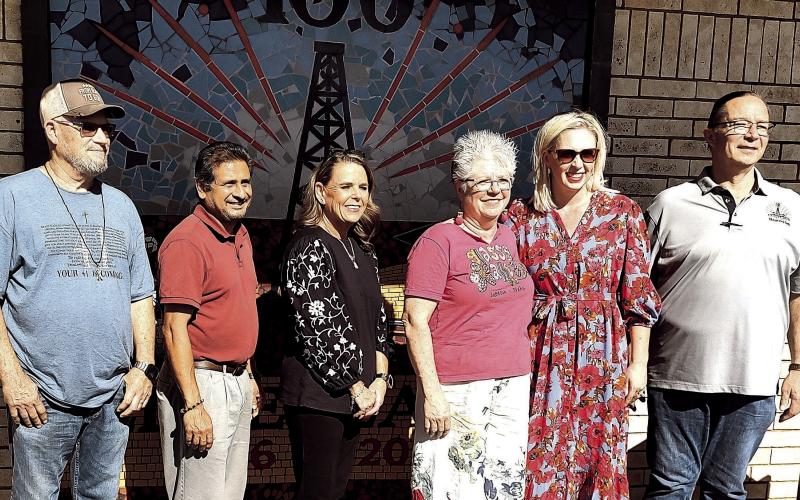 CENTENNIAL MOSAIC ARTIST -Pauline Mills, artist and designer for the Levelland Centennial Mosaic, joined the City Council for the dedication of her creation which can be seen on the front of the Levelland City Hall.