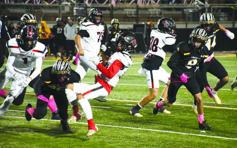 LEGS CLIPPED- After he made a reception, Lobo Isiah Avendano got his legs taken from under him during the Levelland’s district road game against Seminole earlier this month. In the bi-district round of the playoffs, Levelland is scheduled to face Monahans at the Mustang Bowl in Andrews at 7 p.m Thursday, November 10th. (Staff Photo by Dom Puente)