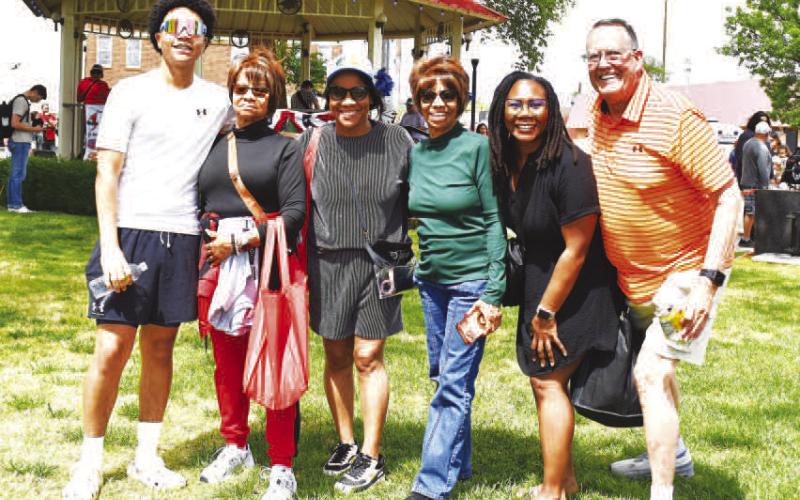 Pictured are Dailen Abouzar, Marjorie Ford, Tana Lockett, Margarett Lockett, Patience Childers and Tony Hopp enjoying the downtown festivities at the 100year celebration for Levelland this past Sunday. Residents enjoyed a parade, lunch and entertainment at the Gazebo. The event was moved to Sunday following weather concerns. The planned fireworks show has been postponed to a later date. (Staff photo)