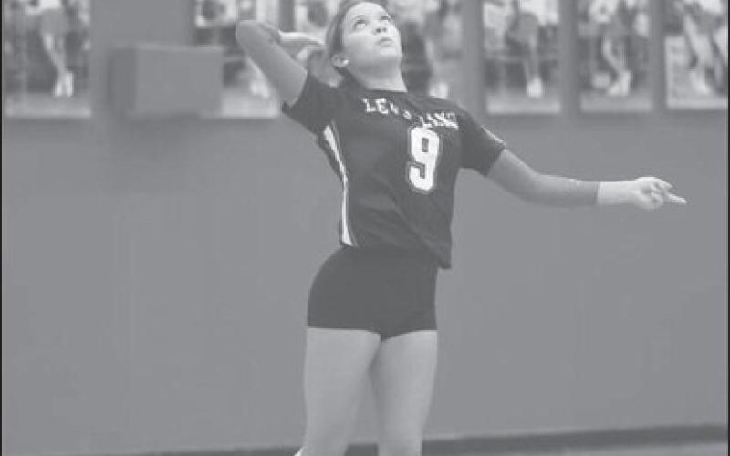 SERVE - Levelland Loboette Aubree Gaona served the ball during the teams win this past Tuesday against Estacado. The team took the win in a close 3-2 as they headed over to San Angelo this Saturday to take on the Chiefs. (Staff photo by Dom Puente)