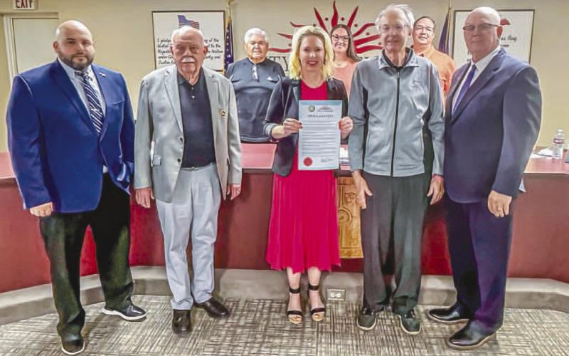 WORLD POLIO DAY - During Monday’s Levelland City Council meeting, Mayor Breann Buxkemper read a proclamation declaring October 24, 2024 World Polio Day as Rotory International has continued to fight against Polio. Pictured from left to right are Joe Cavasos, Bill Powell, Max Ledesma, Breann Buxkemper, Jaime McCabe, Phelps Bloom, Michael Stueart and James Fisher. (Photo courtesy of City of Levelland)