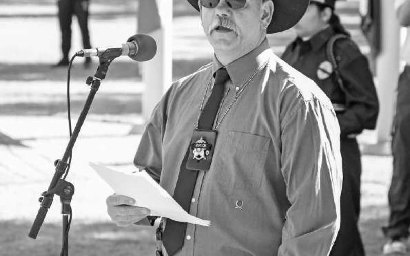 AN HONOR - During the annual Peace Officer Memorial Service at South Plains College Wednesday, Texas Regional Director for ALERRT for Regions four and five Sam Stock was in attendance as the keynote speaker of the event. Stock opened his portion of the ceremony with a brief speech followed by reading off each name of the fallen officers in the state of Texas.(Staff Photo by Dom Puente)