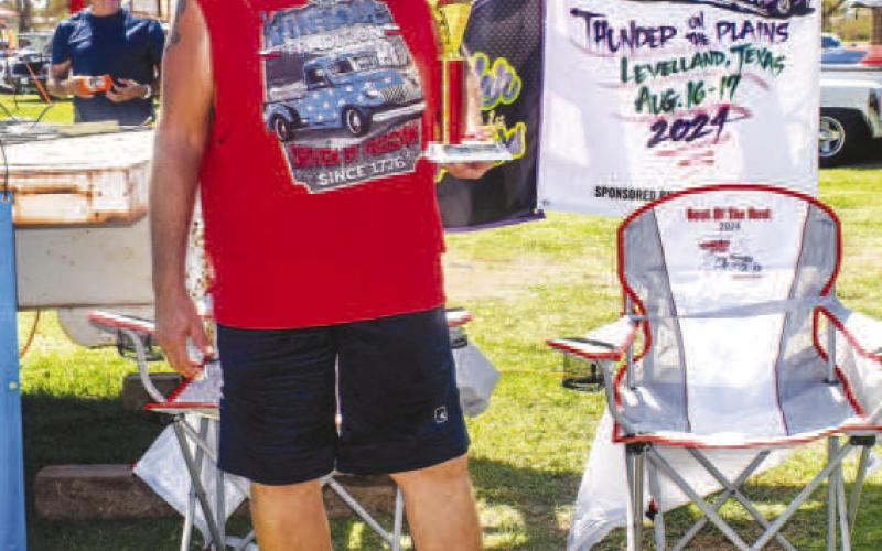 STOCK MOTORCYCLE- Pictured is 1st place winner Jason Gibson. Not pictured is 2nd place winner John Casarez for the Stock Motorcycle Class at the car show. (Photo courtesy of Emily Campos)