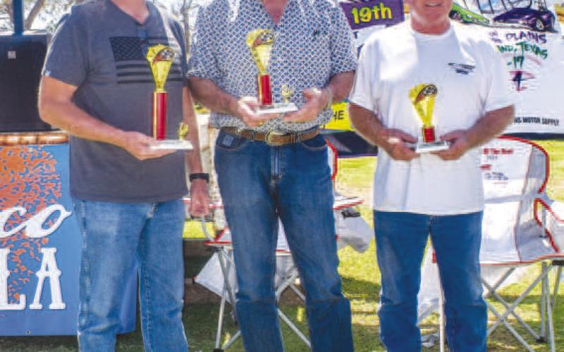 1950 CLASSIC- Pictured from left to right are: 1st place, Tye Taylor; 2nd place, Kirk Curington and 3rd place, Louie Bybee for the 1950 classic class on Saturday at the car show. (Photo courtesy of Emily Campos)