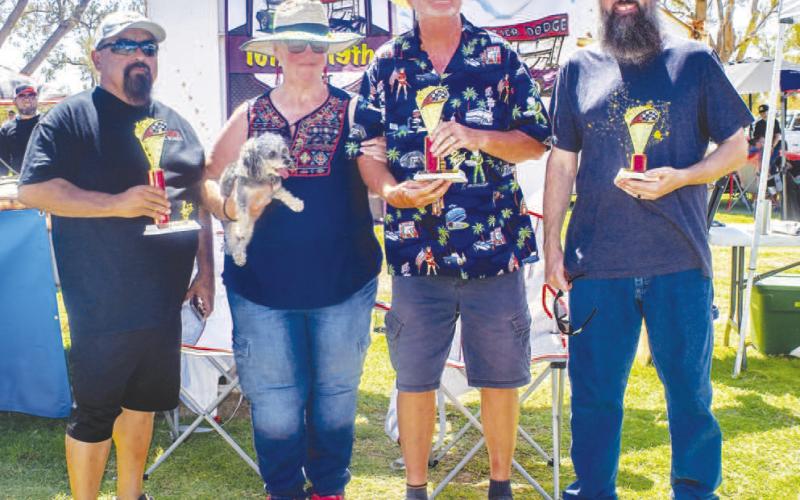 GENERIC CLASS - Pictured from left to right are: 1st place, Jimmy Grodo; 2nd place, Michele and Rocky Gore; 3rd place, Zac Nicholas for the Generic Class on Saturday at the car show. ( Photo by Emily Campos)