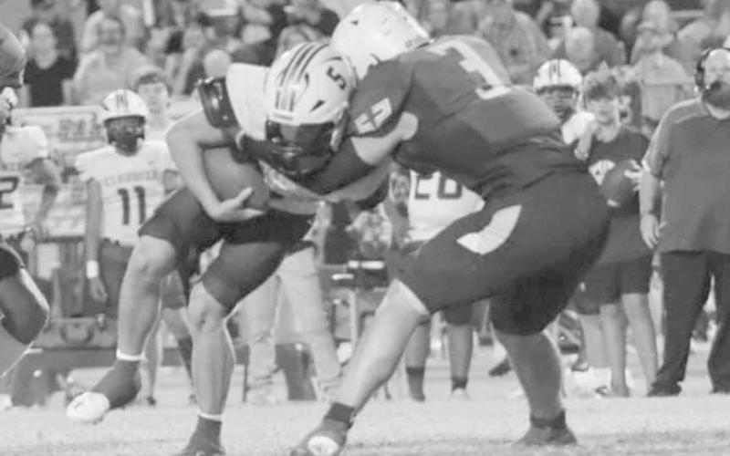 HEAD ON - Whiteface Antelope Ethan Kauffman shared the lead with eight tackles in the Antelopes win over the Cougars last Friday. Kauffman and the Antelopes will host Elida, N.M. on Friday for homecoming at 7:30 p.m. (Photo by Holly Crutcher)