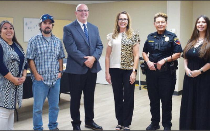 WARM WELCOME - The City of Levelland held a meet and greet of sorts Monday for the incoming City Manager James Fisher. Mr. Fisher will be taking over as city manager for Levelland in October as that begins the new fiscal year for municipalities. Pictured from left to right are: Olga Ruiz, Dustin Reichelt, James Fisher, Andrea Corley, Tammie McDonald, and Ashlyn Simmons. (Staff photo by Dom Puente)