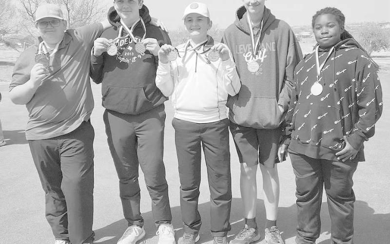 LOBO A- LMS Golf Coach April Rodriguez shared that her LMS golf teams played in their first district tournament. The Boys A team placed first overall. Conner Grisson placed first with a score of 47. Mason Tidwell placed second with a score of 50. Pictured from left to right are: Charles Wiiest, Mason Tidwell, Conner Grissom, Mason Lawhon and La’Quarie Golightly. (Photo Courtesy of Cristal Isaacks)