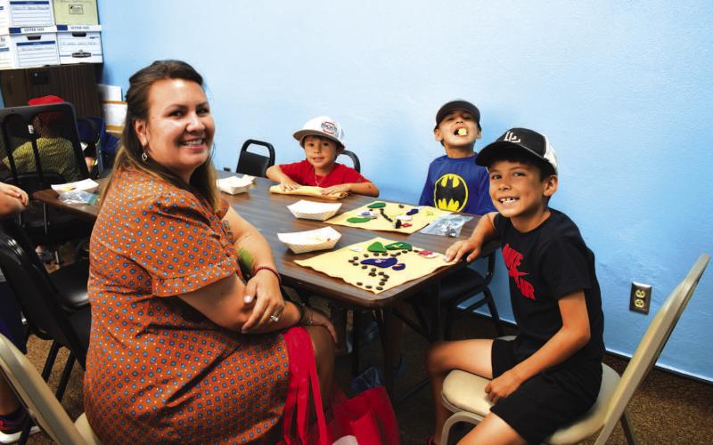 TREASURE MAP- Children made treasure maps this past Wednesday at The Hockley County Library Summer program. Pictured are participants Maria Tienda with her children Izaac, Izaiah, Izalio Tienda.(Staff photo by Emily Campos)