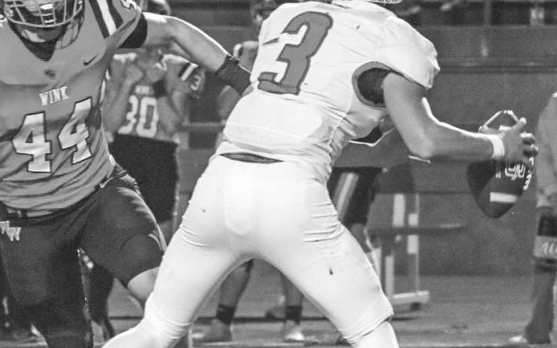 UNDER PRESSURE - Sundown Roughneck Coen Nevarez scanned downfield during the team’s last game against Wink in Odessa. (Staff photo by Aalijah Soliz)