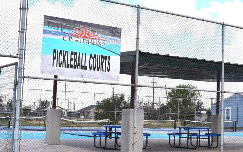 PICKLEBALL COURTS – The Levelland Parks Department recently finished phase two of the pickleball courts. The courts are located on 4th Street next to the skate park and now feature six courts with tables and a shade structure. (Staff photo by Ada Niederhauser)