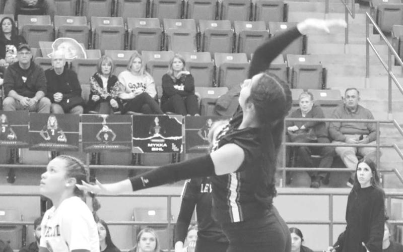 POWER SHOT - Levelland Loboette Mia Morin hit the ball over the net to help the team out offensively during their contest against the Mineral Wells Lady Rams. (Staff photo by Aalijah Soliz)
