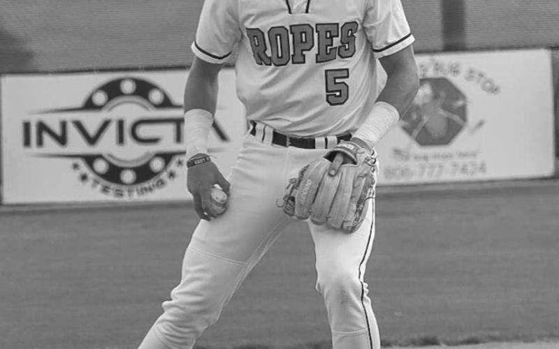 CANNON ARM - Ropes Eagle Colton Mortenson grabbed the ground ball during the team’s contest against the Tahoka Bulldogs this past Tuesday as the home team. The Eagles dropped the second game against the Bulldogs 3-2 as they get ready to take on the Seagraves Eagles. (Staff photo by Aalijah Soliz)