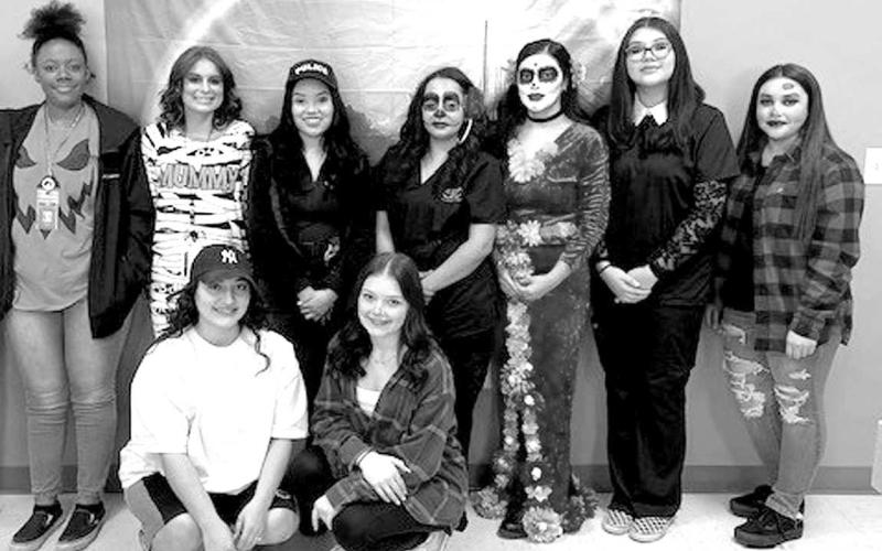 SPCCOSMETOLOGYSTUDENTS– South Plains College Cosmetology students are seeking new clients from the community to help train the stylists, as well as provide aesthetic services for the public. Pictured from the left, kneeling are: Harley Garcia of Abernathy and Gracie Elms of Lubbock; and standing: Caris Brown of Smyer, Paige Oman of Littlefield, Miriam Martinez of Lubbock, Amalia Palomino of Levelland, Citlalic Nava of Morton, Orchid Rodriguez of Whiteface and Adrianna Lemus of Lubbock. (Submitted Photo)