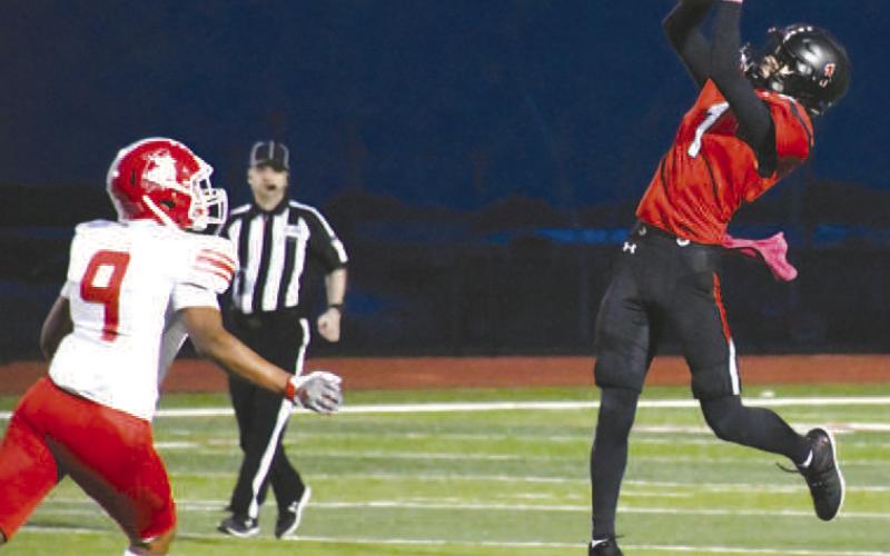 LEAPING CATCH- Levelland wide receiver Zameron Lecroy is pictured making a leaping catch for a big gain. The Lobos are now 1-6 overall and 0-1 in district play. Levelland will be on he road Friday in search of their first district win at West Plains. (Staff Photo by Dom Puente)