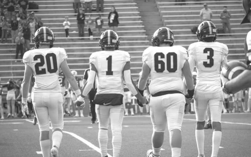 COIN TOSS - Morton athletes Dante Chavez, Cade Lyon, A.J. Mendoza and Britton Boggs walked midfield to do the coin toss with the Skyrockets last Thursday. (Staff photo by Aalijah Soliz)