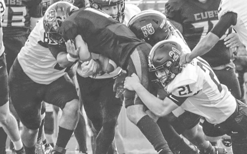 GOING NOWHERE - The Levelland defense tackled the Brownfield ballcarrier behind the line of scrimmage last Friday night in Brownfield. The Levelland defense only let up 94 rushing yards and nine passing yards in the game. (Staff photo by Aalijah Soliz)