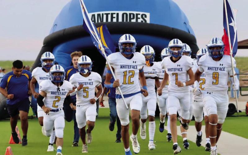 HERE COMES THE ‘LOPES - The Whiteface Antelopes take the field at Klondike for their game against the Cougars this past Friday night. Whiteface would later fall short 56-8. (Photo provided by Whiteface Victory Line Facebook)