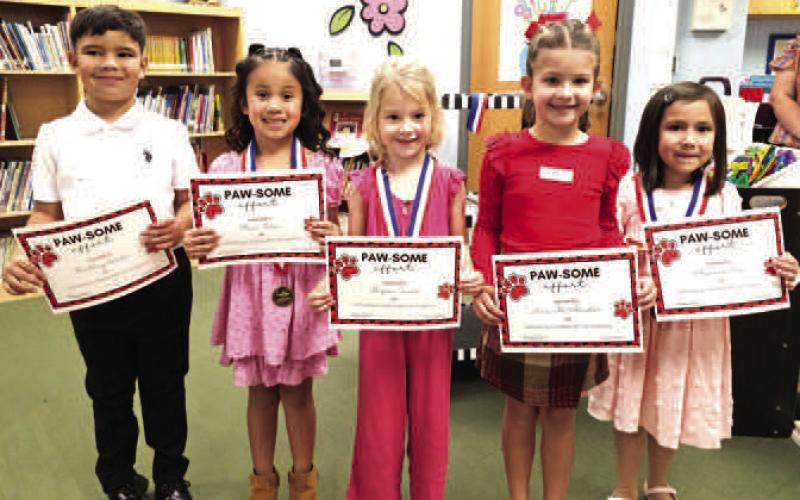 LISDABC KINDERGARTEN UILORALREADING PARTICIPANTS- Bentley Wade, Stevi Colon (1st place), Mayson Favor (2nd place), June McAlister, and Aurora Vela (3rd place). (Levelland ISD photo)