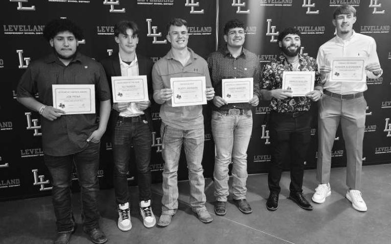 FOOTBALL AWARDS- The Levelland athletics hosted their annual sports banquet at the Mallet Event Center Monday evening. For Football, Macro Guillen was named Offensive MVP, Konner Alexander-Character Award, Aiden Hererra-Defensive Line Award, Joe Pena-Offensive Line Award and Eli Randol-Newcomer of the Year. (Staff Photo Dom Puente)