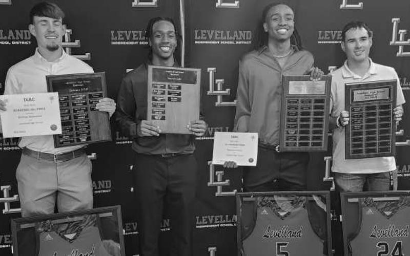BASKETBALL AWARDS- The Levelland athletics hosted their annual sports banquet at the Mallet Event Center Monday evening. For basketball, Taeshaun Jones was named Most Valuable Player, Konner Alexander- Defensive MVP, Jery Haile- Sixth Man and Eryk Jones- Fighting Heart. (Staff Photo Dom Puente)