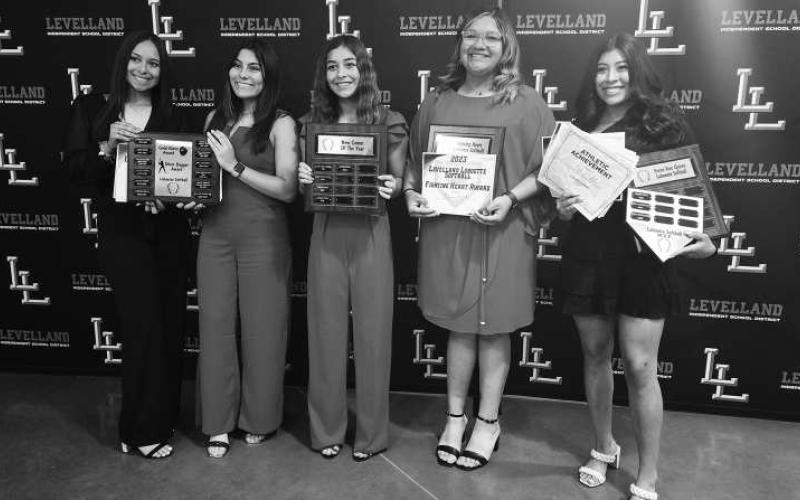 SOFTBALL AWARDS- The Levelland athletics hosted their annual sports banquet at the Mallet Event Center Monday evening. For softball, Chloe Constantino was named, Natalie-Coronado-Silver Slugger, Aubriana Rivas-Golden Glove, Saydi Mendez-Newmcomer, Breanna Martinez-Fighting Heart and Chloe Constantino-Home Run Queen. (Staff Photo Dom Puente)