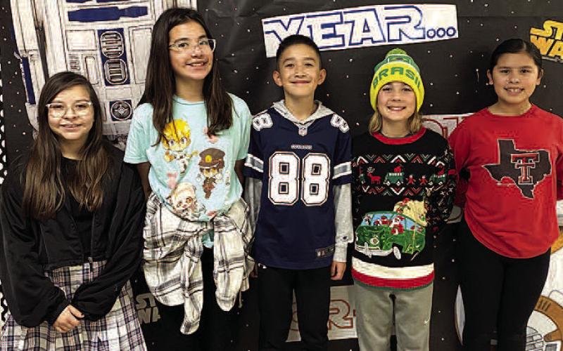UIL MUSIC MEMORY-- Levelland Intermediate School fifth grade students earned a Silver Medal after competing in Academic UIL in Big Spring recently. Pictured from the left are LIS fifth grade Music Memory team members: Xara Marquez Castillo won third place; Olivia Ramirez placed fourth; Giovanni Hernandez took second place; Jonathan Feddes own first place; and Jocelhyn Marrufo placed seventh. LIS placed second overall out of nine teams, under the direction of UIL Chair Katie Pena. (Submitted Photo)