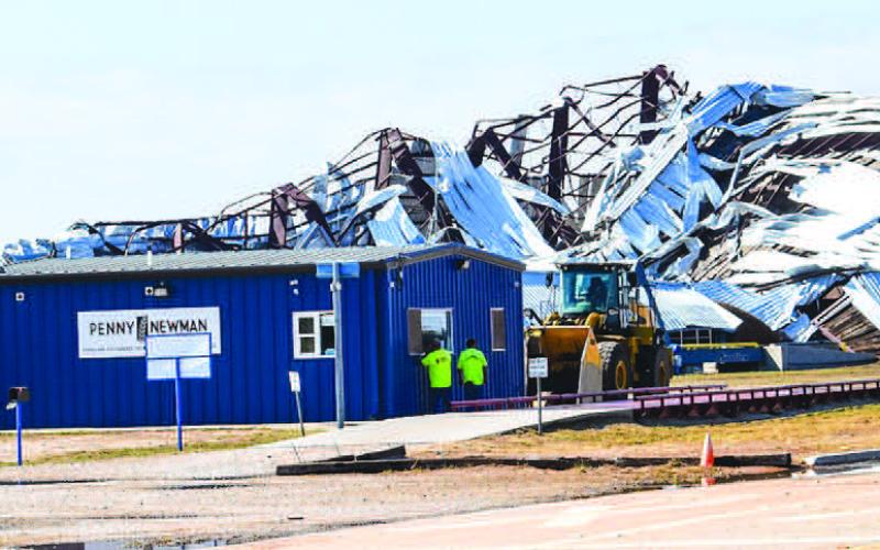 DEVASTATING STORM – The Levelland community is recovering after going through a severe thunderstorm early Wednesday morning. Large hail, heavy rain and winds projected between 100-120 miles per hour wreaked havoc for Levelland residents and businesses. Emergency relief efforts have been ongoing since Wednesday. Pictured is Penny Newman’s facility that collapsed due to the storm. (Staff photo by Emily Campos)