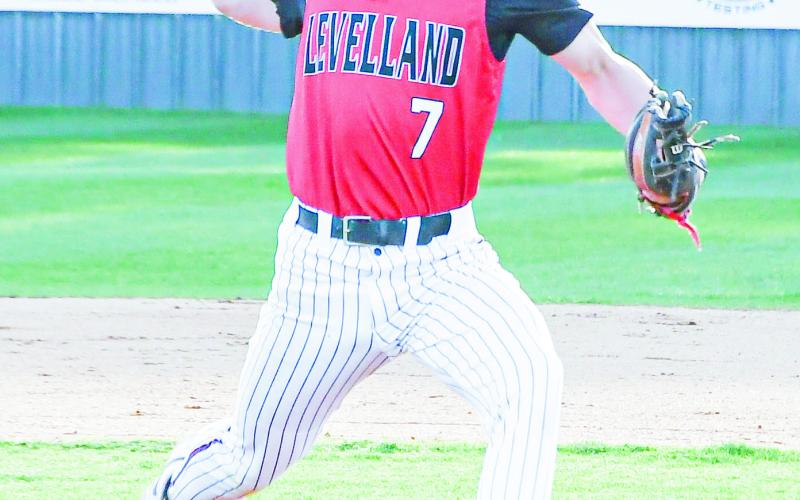 STARTING PITCHER - Levelland Lobo Jake Potter delivers a pitch from the mound during their game against Big Spring this past Tuesday night at the Lobo Diamond. Potter would start the game and pitch five innings, holding Big Spring to two earned runs on two hits and seven walks while striking out three batters. (Staff photo by Jentezen Smith)