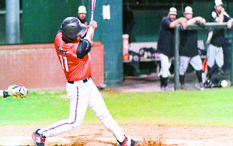FOUL LINE RIP - Levelland Lobo RJ Mireles turns on a pitch and rips it down the third base foul line during their game against Big Spring this past Tuesday night at the Lobo Diamond. Mireles would go 2/4 with an RBI and a run scored in the game. (Staff photo by Jentezen Smith)