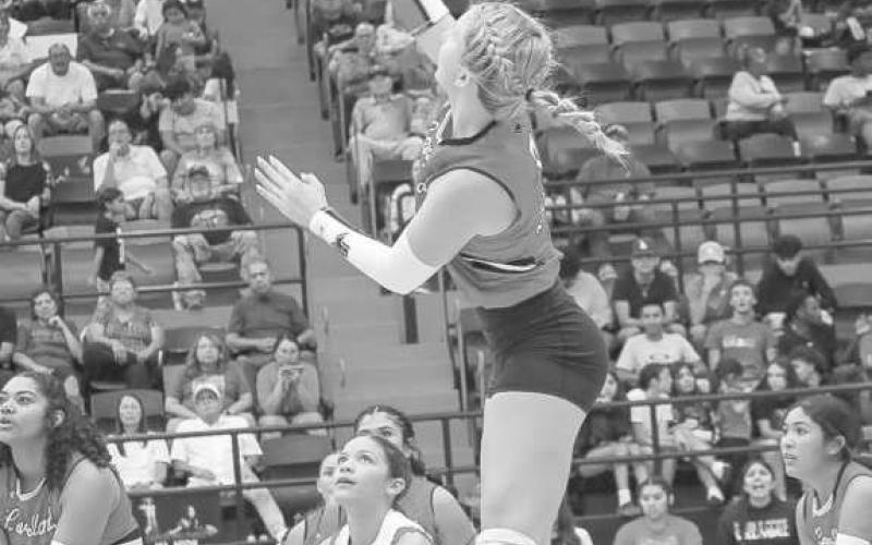 SPIKE - Levelland Loboette Addisen Campbell spiked the ball during the team’s contest against the Plains Cowgirls this past Tuesday at home for their regualar season matchup. Campbell had eight kills, leading the team on the night. (Staff photo by Aalijah Soliz)