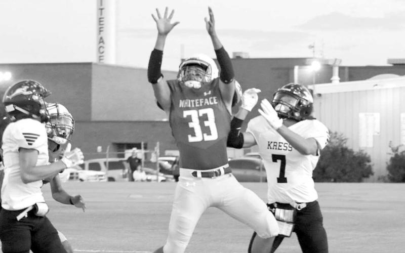 CATCHINTRAFFIC- Julio Borunda had six catches for 70 yards and two touchdowns in a heartbreaking 58-50 Whiteface Antelopes home loss to the Kress Kangaroos in UIL high school six-man football action last Friday. Whiteface hosts Springlake-Earth on Friday at 7:30 p.m. They will also honor area first responders. (Photo courtesy of Holly Crutcher)
