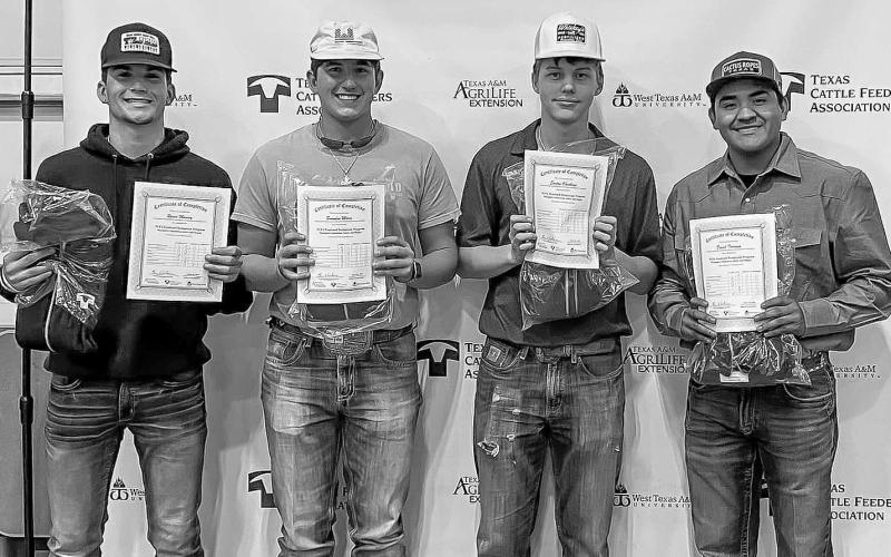 LEVELLAND FFA - Levelland FFA shared that the pictured students received their Texas Cattle Feeders Association Feed Yard Technician Certification. Over the past month, they have attended different training’s that will get them ready for a potential career in a feedlot setting , working heavy machinery, and welding. Pictured from left to right are: Rance Massey, Brayden Moore, Easton Obenhaus and David Tarango. (Photo submitted by Cristal Isaacks)